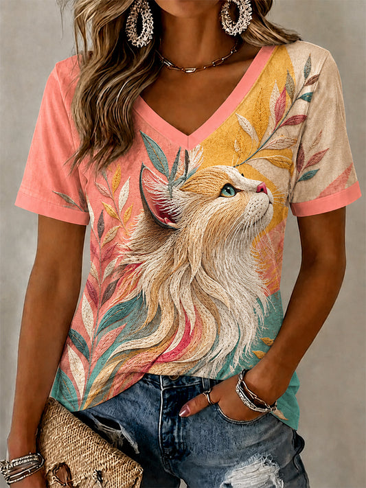 T-shirt décontracté à col en V et imprimé félin pour femme