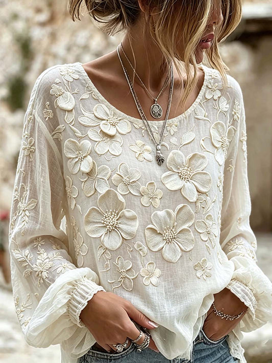 Chemise décontractée en coton et lin à imprimé fleuri pour femme