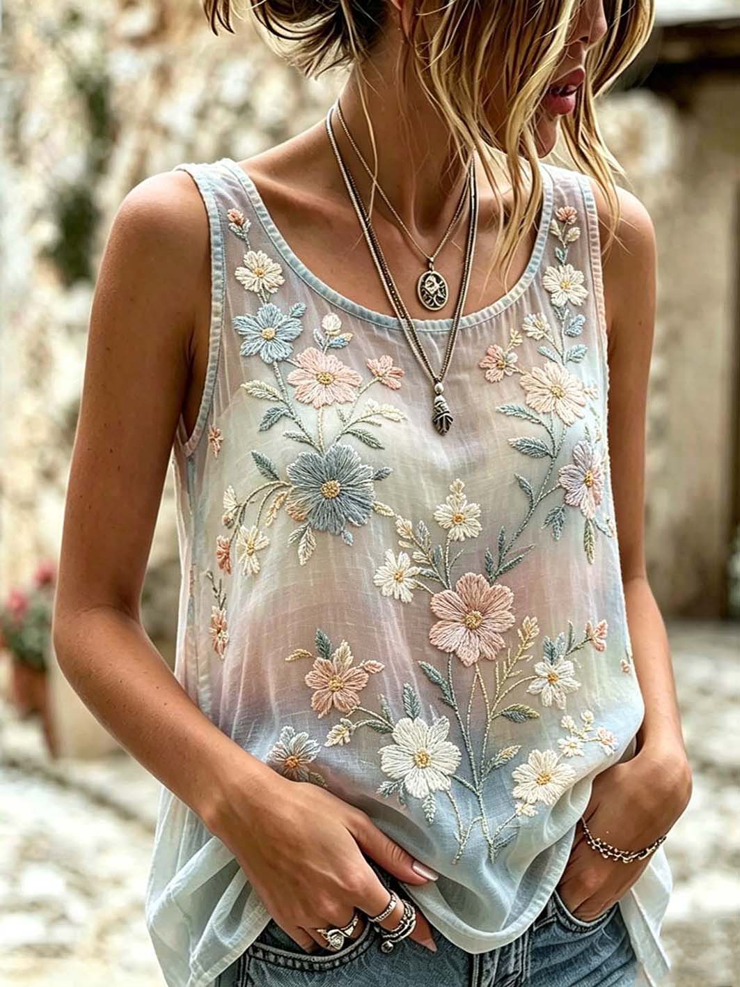 Gilet décontracté en coton et lin à motif floral pour femme
