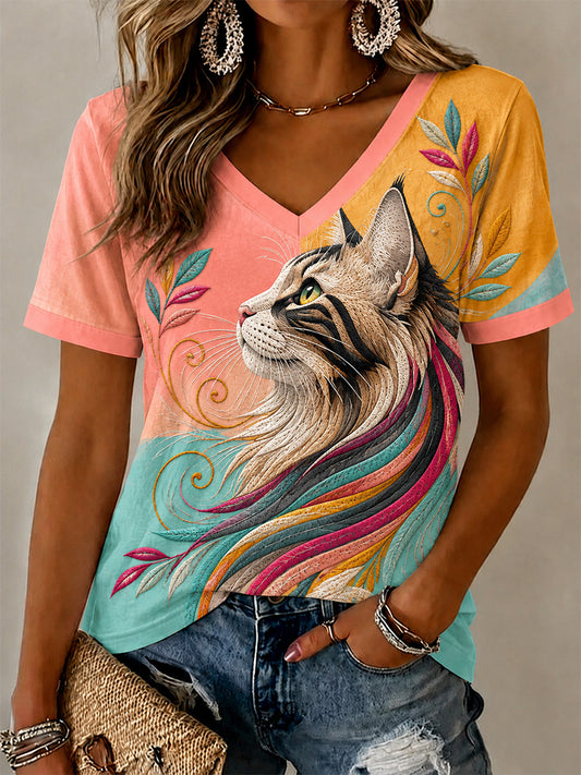 T-shirt décontracté à col en V et imprimé chats pour femme