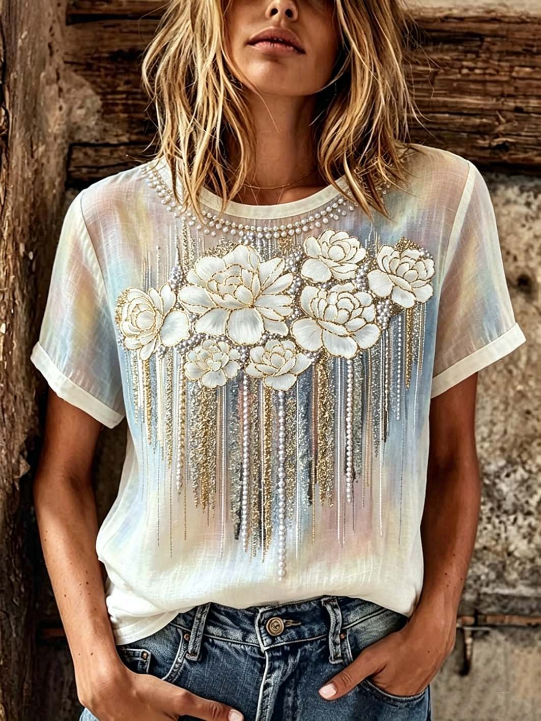 T-shirt décontracté à manches courtes pour femme, en coton et lin, imprimé de motifs floraux