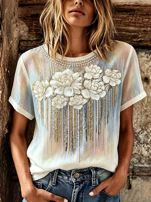 T-shirt décontracté à manches courtes pour femme, en coton et lin, imprimé de motifs floraux