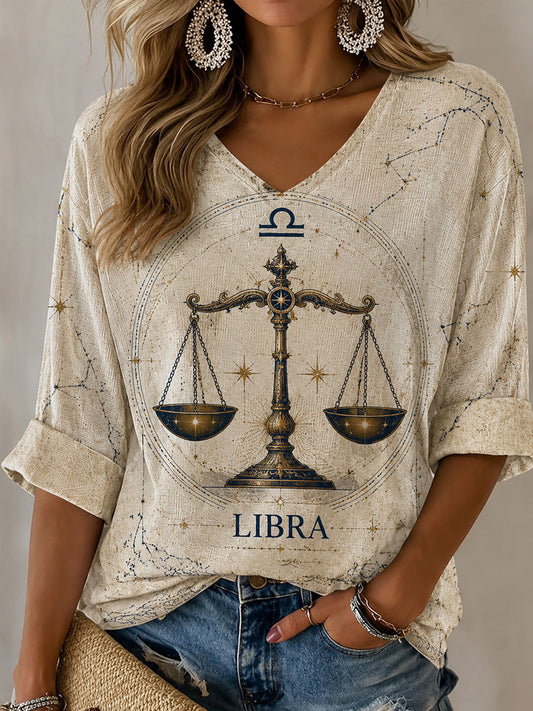 T-shirt décontracté de style rétro à thème Horoscope Balance Femme
