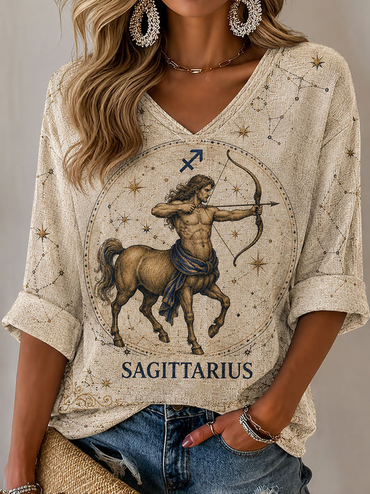 T-shirt décontracté de style rétro sur le thème de l'horoscope du Sagittaire des femmes