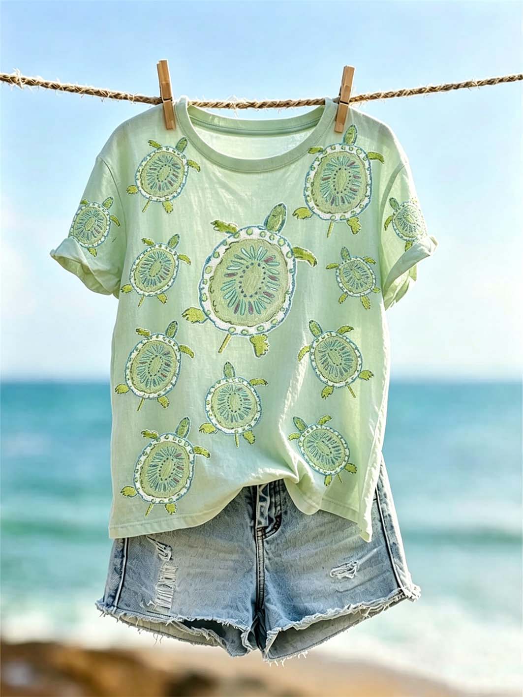 T-shirt décontracté effet chiné à imprimé motif vent océanique pour femme