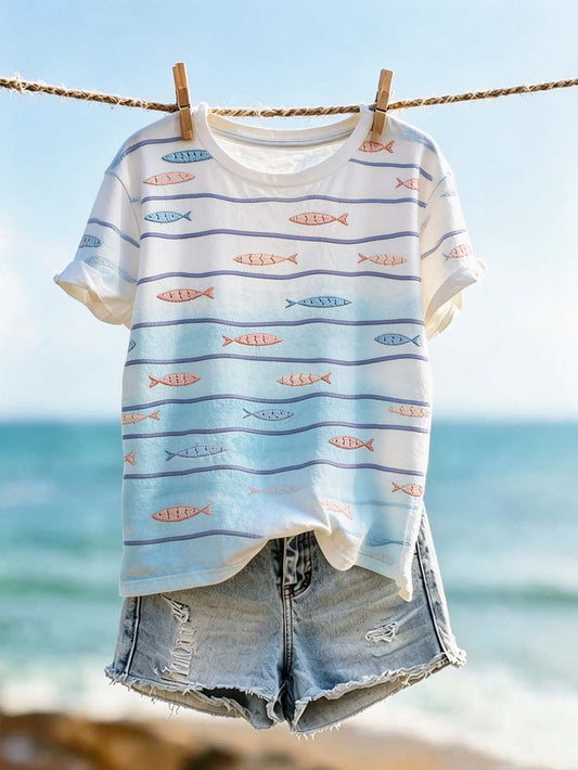 T-shirt décontracté effet chiné à imprimé motif vent océanique pour femme