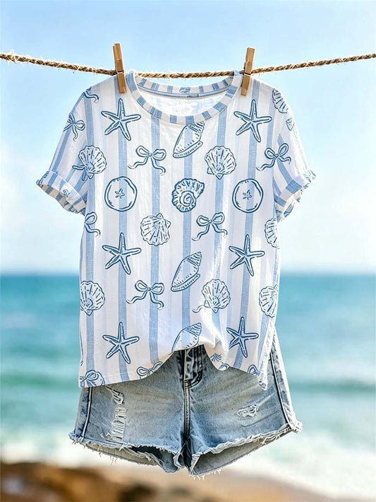 T-shirt décontracté effet chiné à imprimé motif vent océanique pour femme