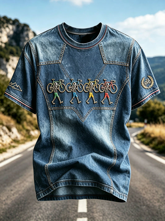 Hommes rétro français cyclisme tour-inspiré Denim Patchwork Imprimer T-shirt décontracté