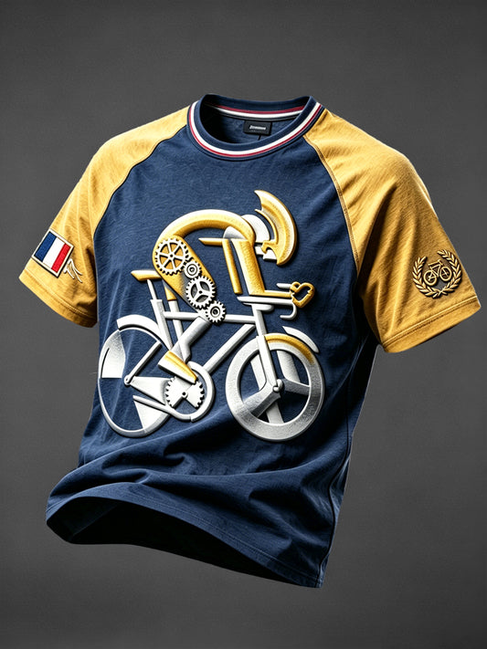 Vintage bleu marine Français cyclisme 3D-imprimé décontracté Goutte d'épaule T-shirt des hommes