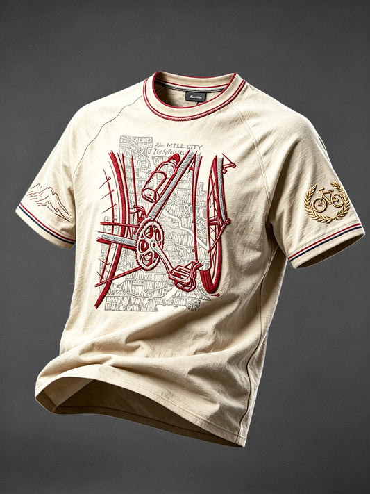 Men's Vintage Français Cyclisme-Inspiration Graffiti Imprimer Décontracté Goutte Épaule T-shirt