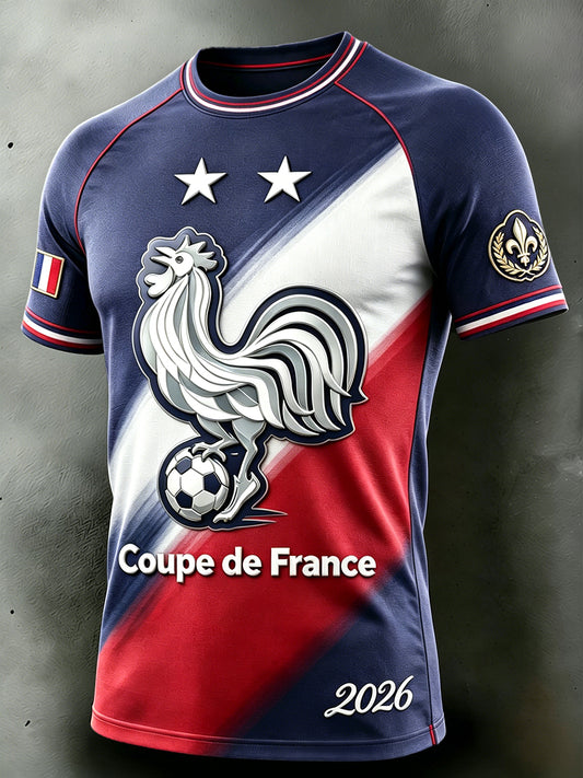 T-shirt décontracté à épaules tombantes pour homme, motif football et coq français