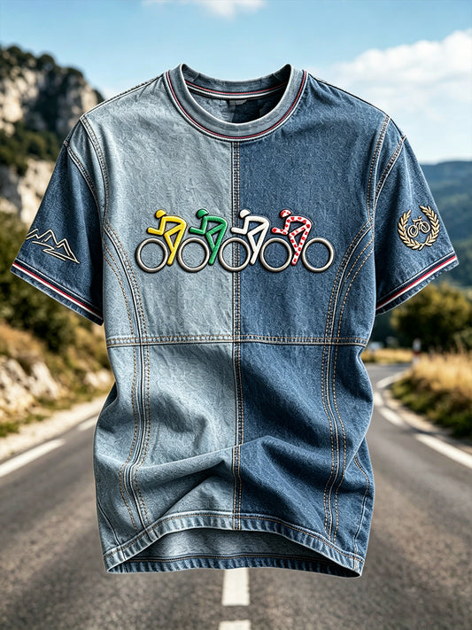 T-shirt Décontracté à Imprimé Patchwork Tour de France 3D pour Hommes