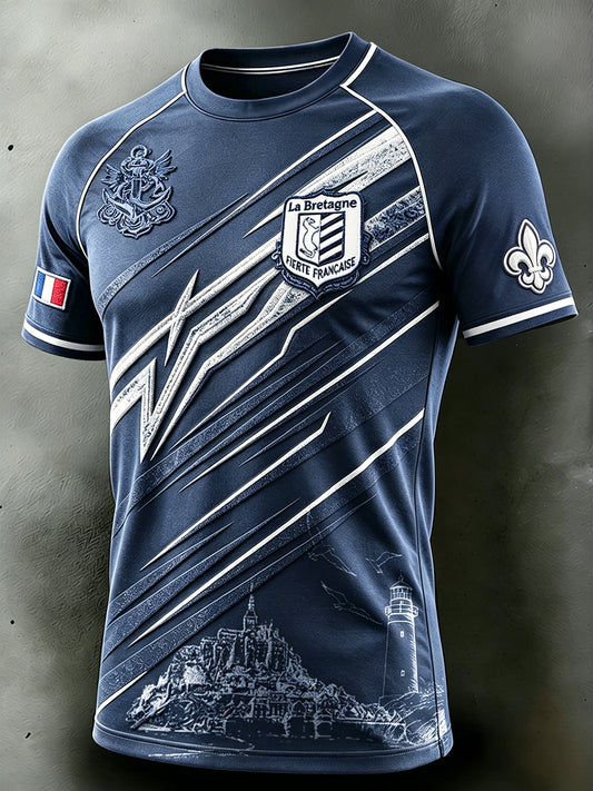 T-shirt décontracté pour homme, bleu nuit, imprimé de la Bretagne française et du Mont-Saint-Michel