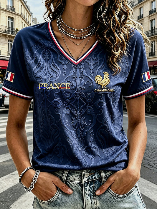 T-shirt décontracté à col en V bleu profond pour femmes France Football Coq