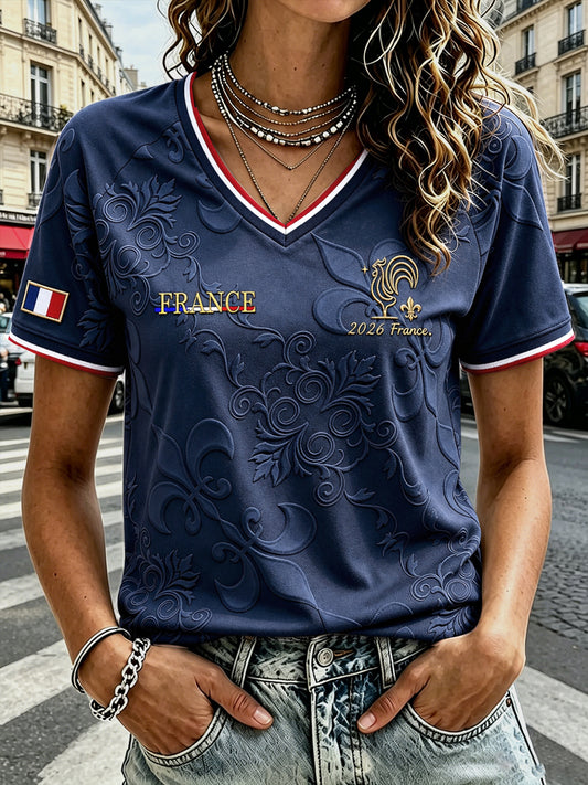 T-shirt décontracté à col en V Coq Iris pour femmes
