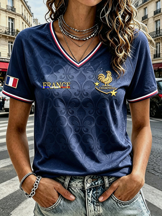 T-shirt à col en V décontracté à imprimé coq de football français pour femmes