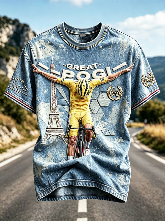 T-shirt homme décontracté à imprimé en denim POGI inspiré du Tour de France