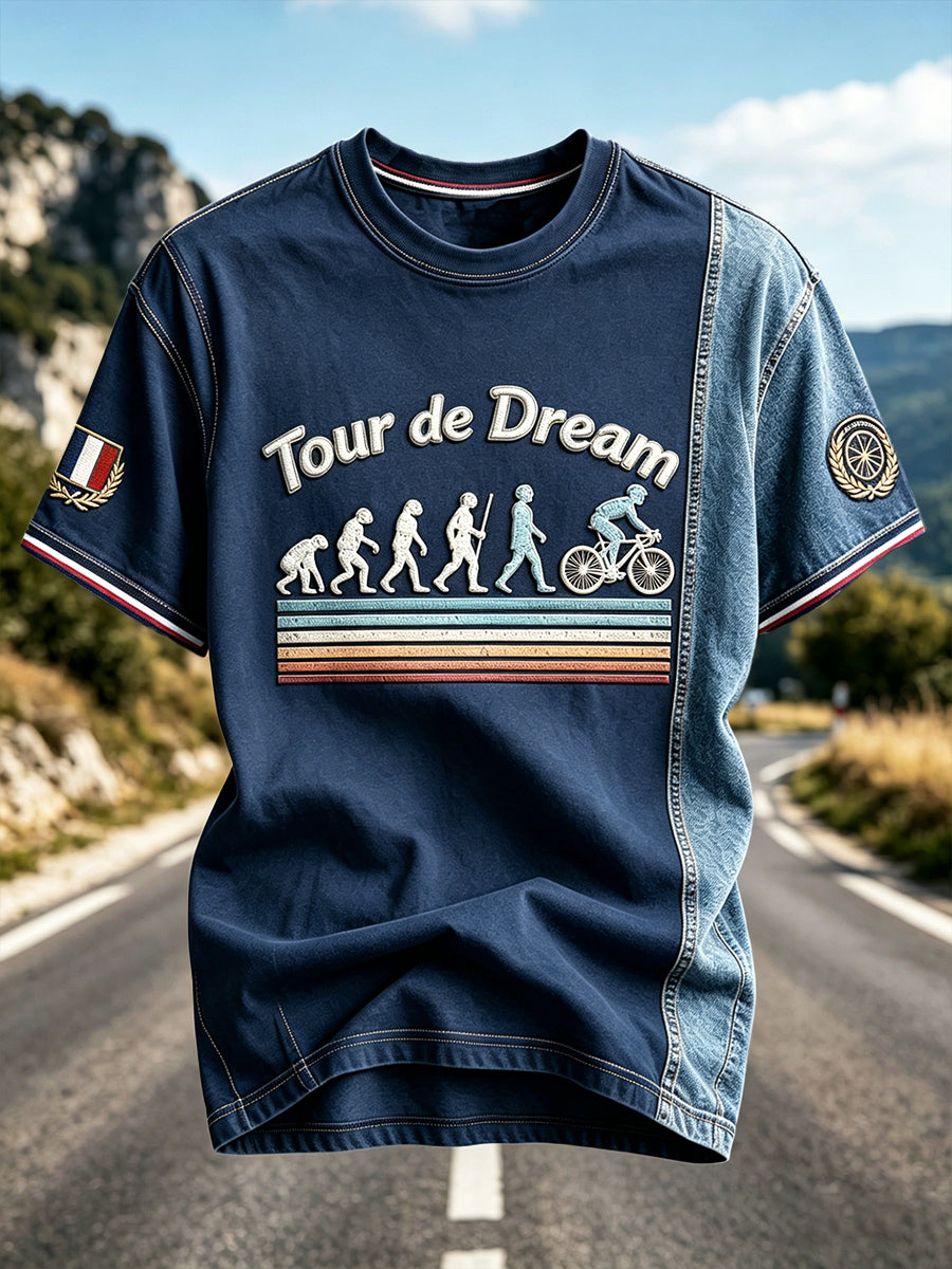 T-shirt décontracté à imprimé patchwork denim bleu pour hommes, français