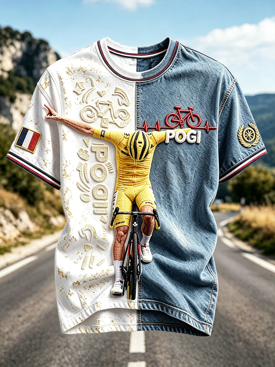 T-shirt décontracté imprimé patchwork inspiré du cyclisme Tour de France pour homme