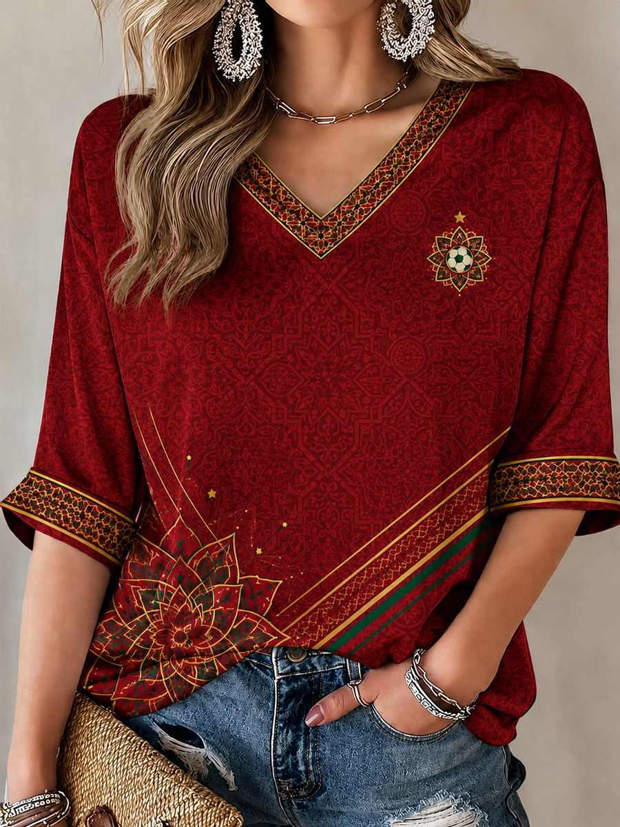 T-shirt femme à manches mi-longues et col en V, imprimé MAROC