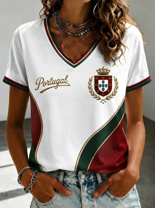 T-shirt à col en V imprimé pour le football portugais, modèle femme