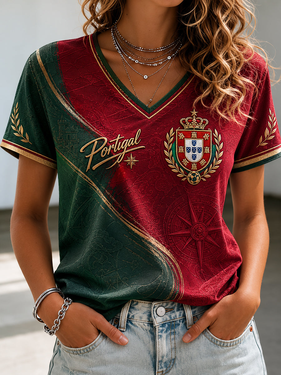 T-shirt à col en V imprimé pour le football portugais, modèle femme