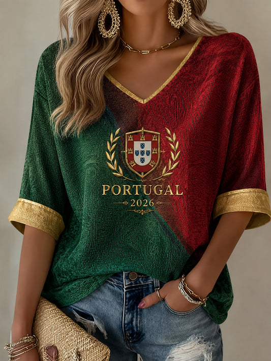 T-shirt décontracté à imprimé football portugais pour femmes