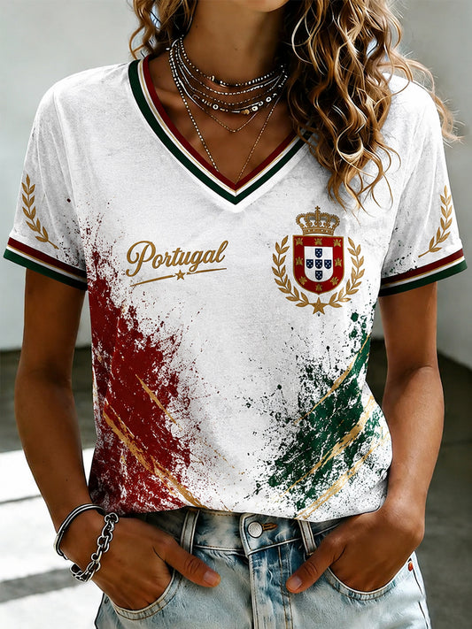 T-shirt à col en V imprimé pour le football portugais, modèle femme