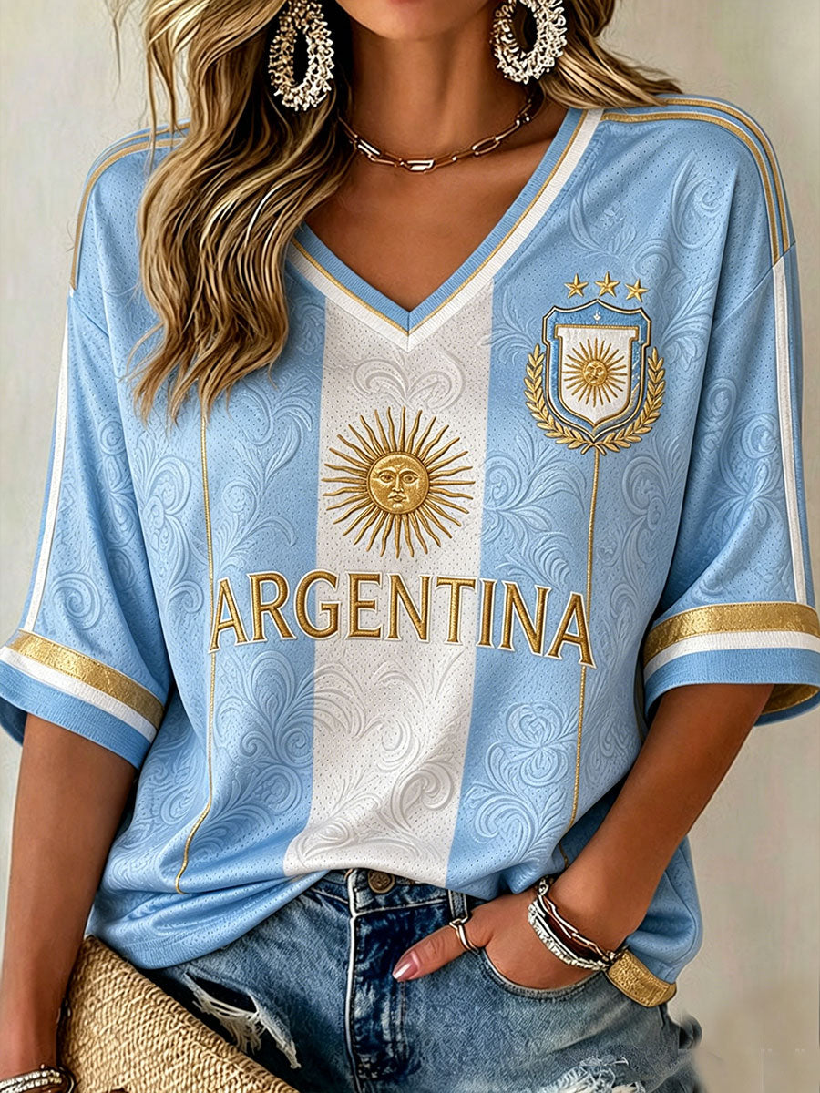 T-shirt de football argentin pour femme, manches mi-longues, col en V