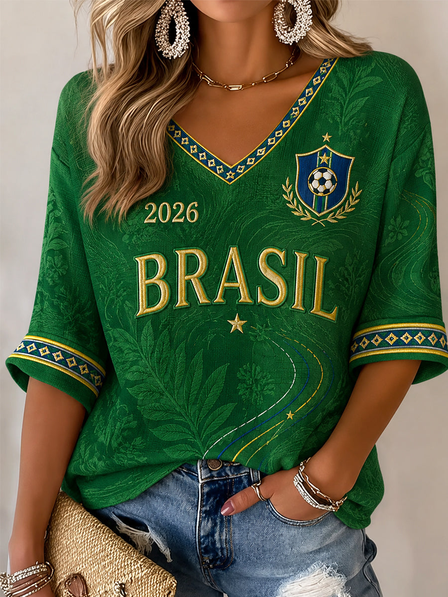 Cadeau pour les femmes fanatiques de football – T-shirt décontracté à manches mi-longues et col en V, imprimé