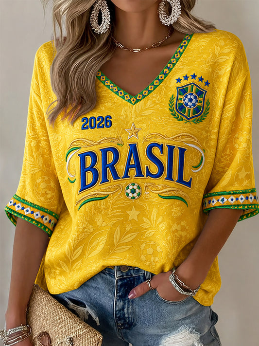 Cadeau pour les femmes fanatiques de football – T-shirt décontracté à manches mi-longues et col en V, imprimé