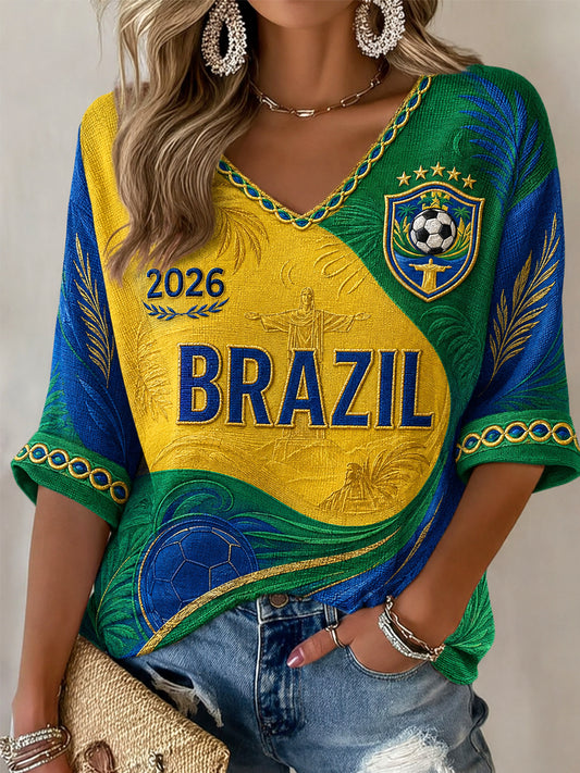 Cadeau Femme Pour Les Fans De Football Imprimé Décontracté Demi-Manches Col V T-shirt