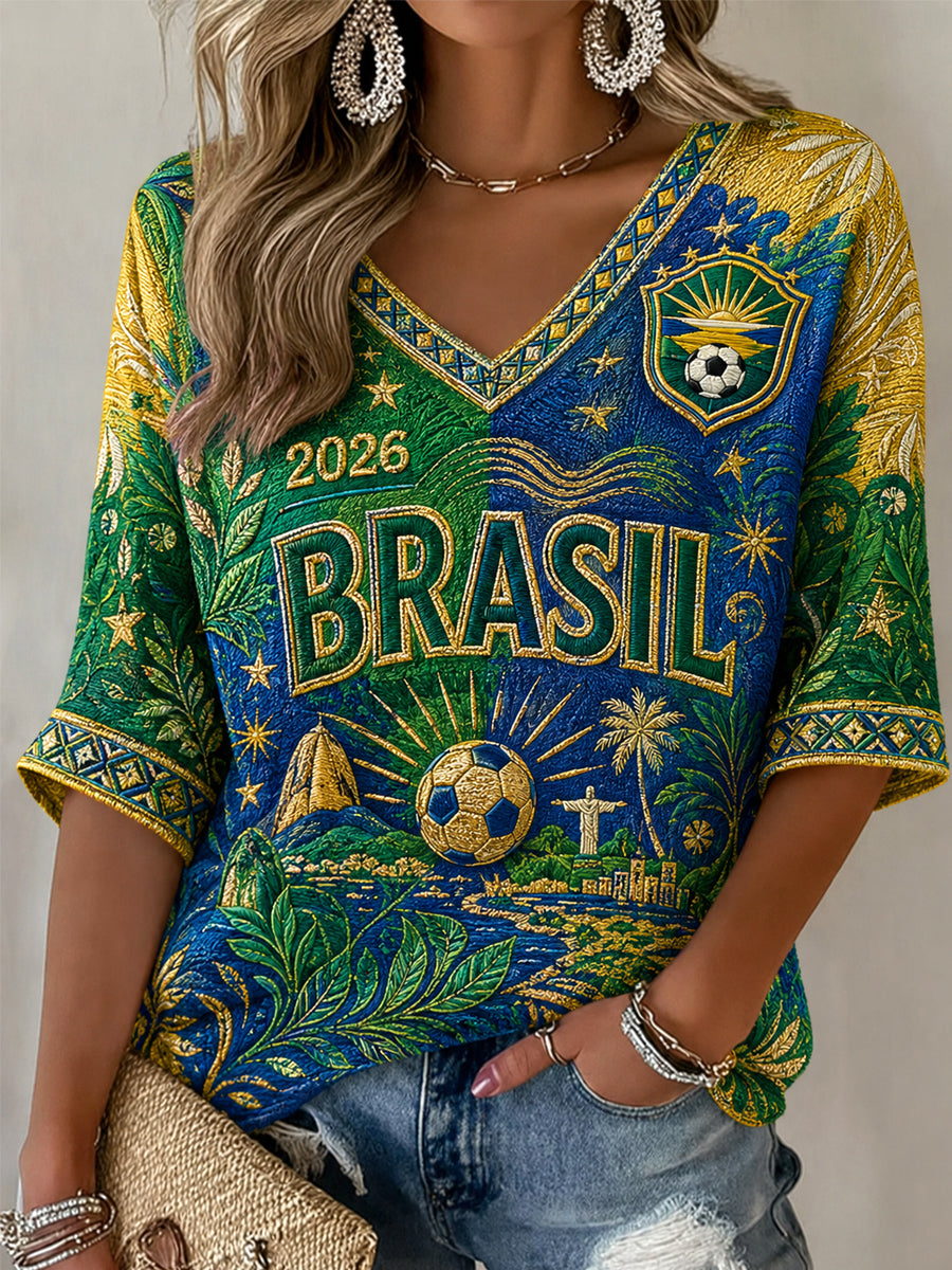 Cadeau pour les femmes fanatiques de football – T-shirt décontracté à manches mi-longues et col en V, imprimé
