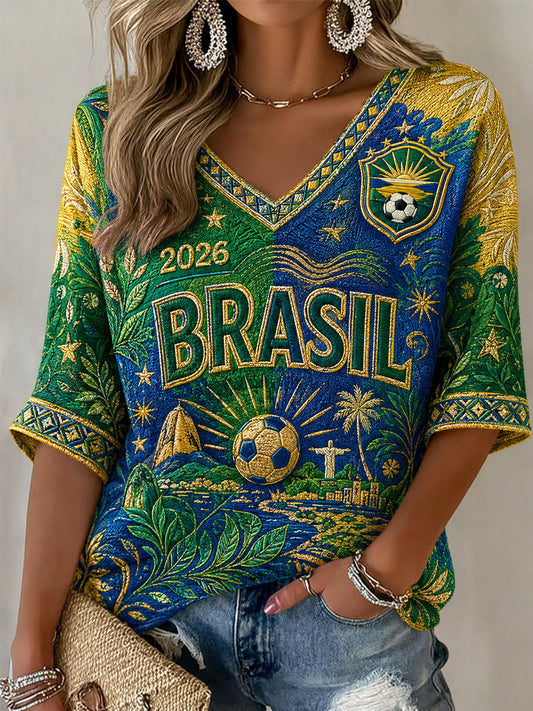 Cadeau pour les femmes fanatiques de football – T-shirt décontracté à manches mi-longues et col en V, imprimé