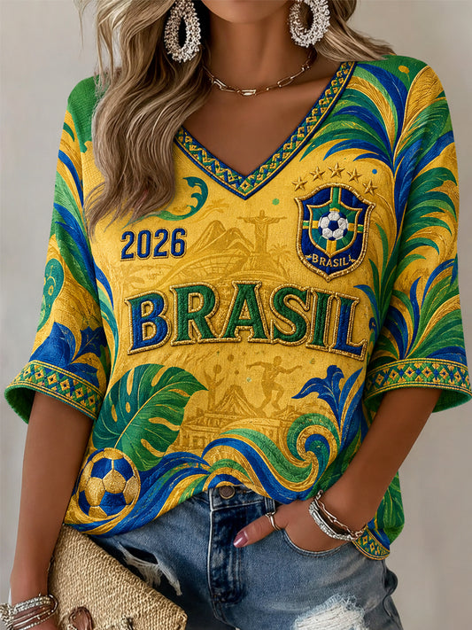 Cadeau pour les femmes fanatiques de football – T-shirt décontracté à manches mi-longues et col en V, imprimé