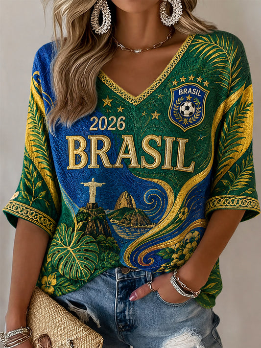 Cadeau pour les femmes fanatiques de football – T-shirt décontracté à manches mi-longues et col en V, imprimé