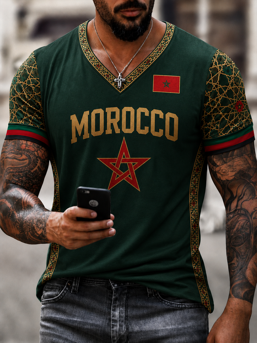 T-shirt col V imprimé Maroc pour homme