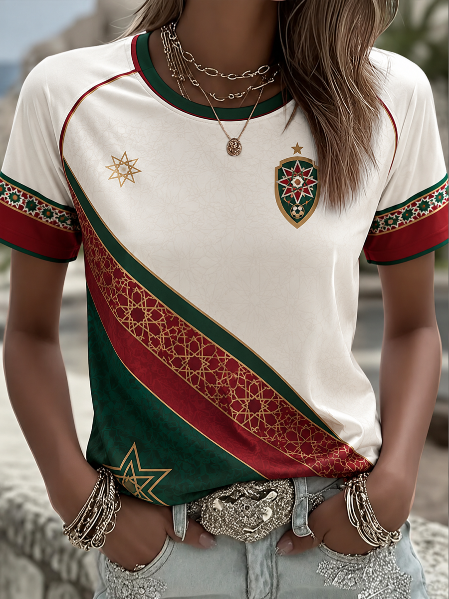 Femmes Maroc Football Imprimé col rond à manches courtes T-shirt