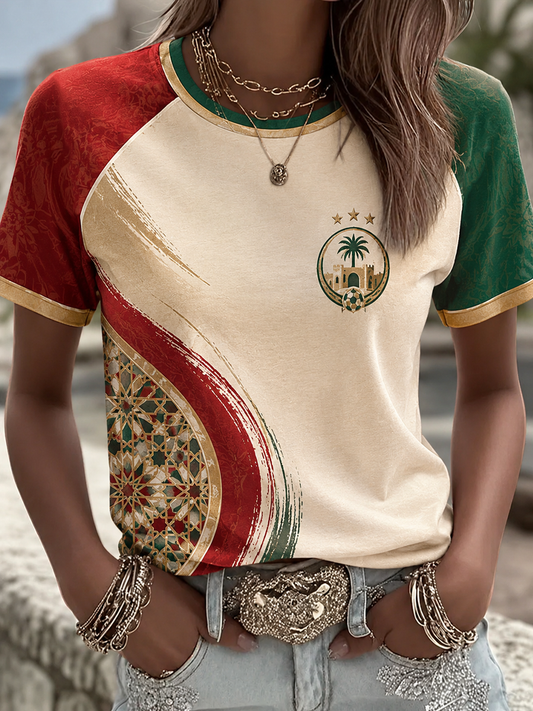T-shirt femme imprimé football marocain, col rond, manches courtes