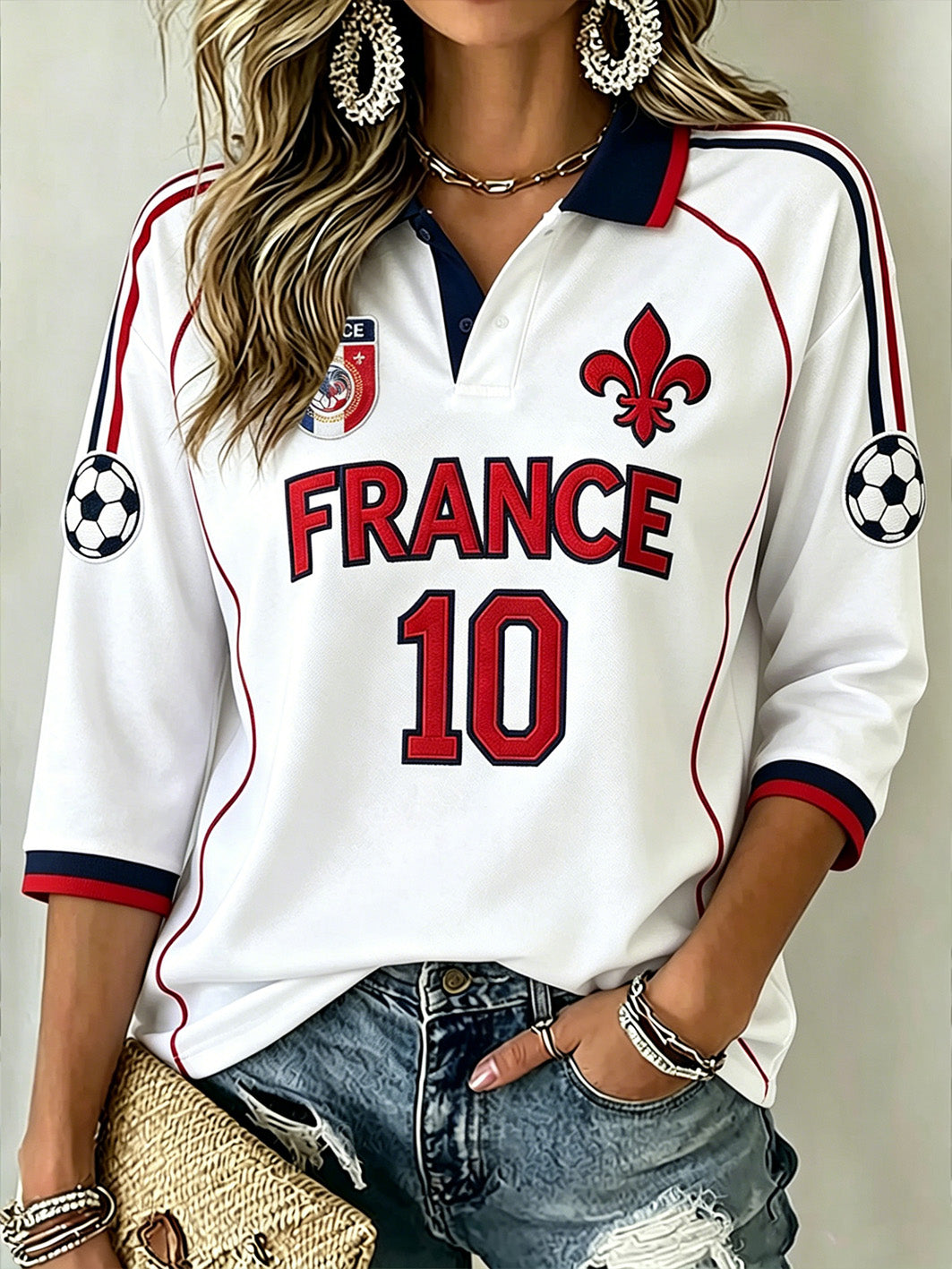 Élément de football pour femmes Color-Block Design Casual manches mi-longues Polo T-shirt