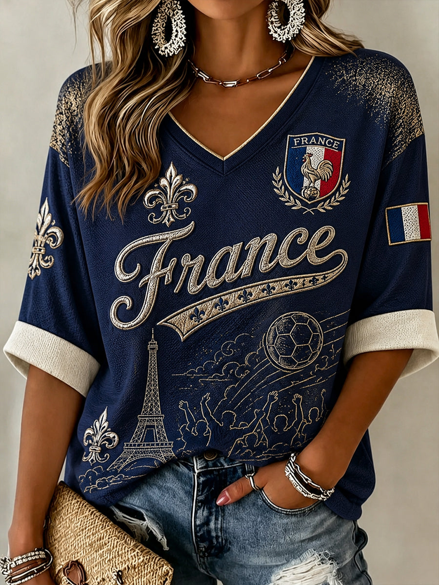 Chemise en lin à col V pour femme, motif France Football