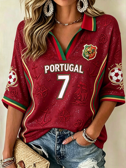 Élément de football féminin motif de voile imprimé décontracté manches mi-longues polo t-shirt