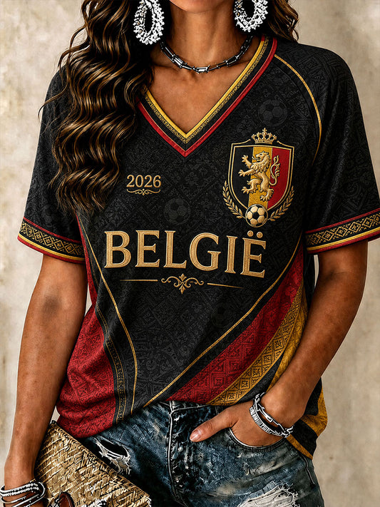T-shirt Belgium Football à col en V pour femmes