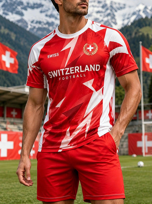 Ensemble t-shirt sportif à manches raglan et manches courtes, imprimé sur le thème du football pour hommes