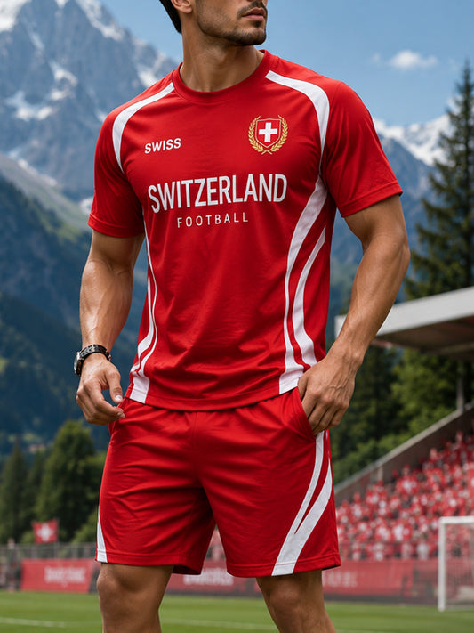Ensemble t-shirt sportif à manches raglan et manches courtes, imprimé sur le thème du football pour hommes