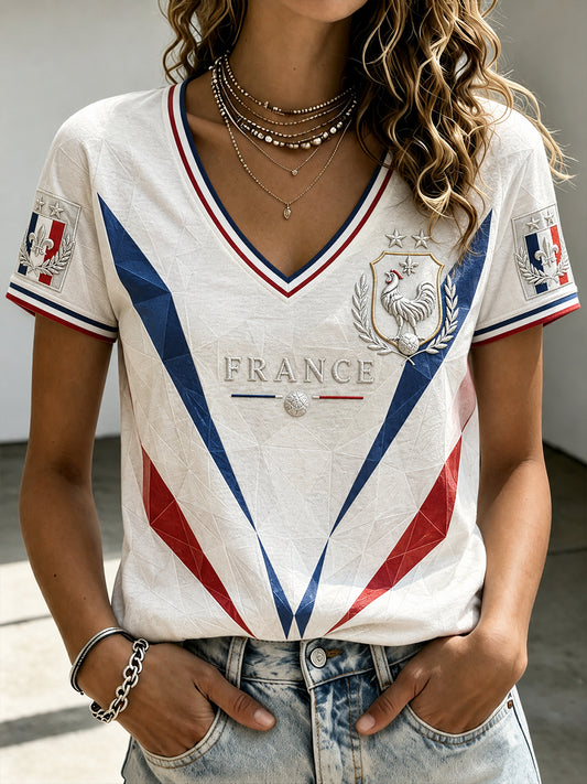 T-shirt femme France Football à col en V et épaules dénudées, manches courtes