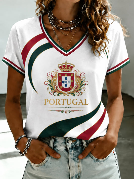 T-shirt à col en V à imprimé football portugais pour femmes