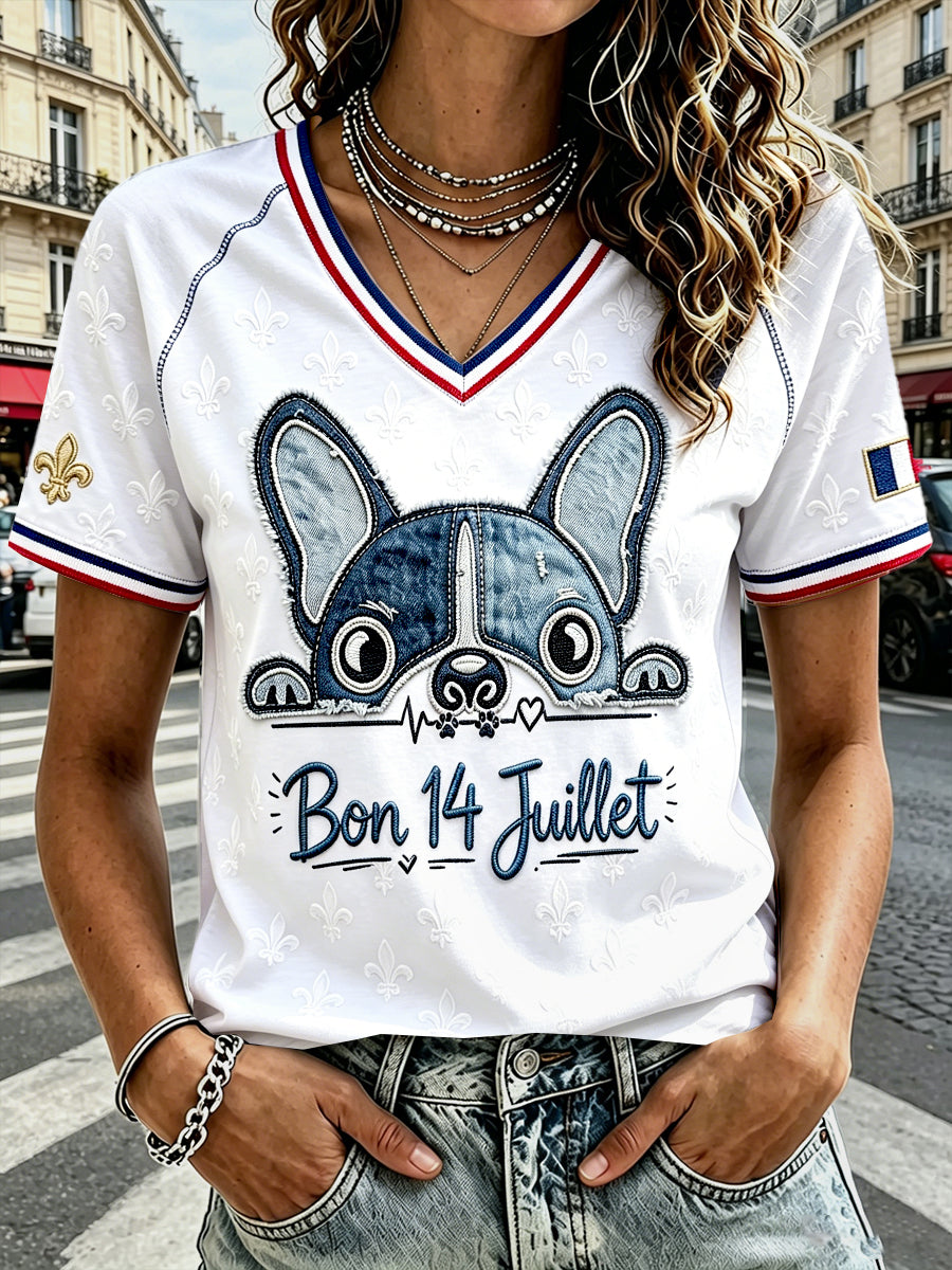 Journée nationale française des femmes heureux bouledogue français Patchwork Imprimer T-shirt décontracté à col en V