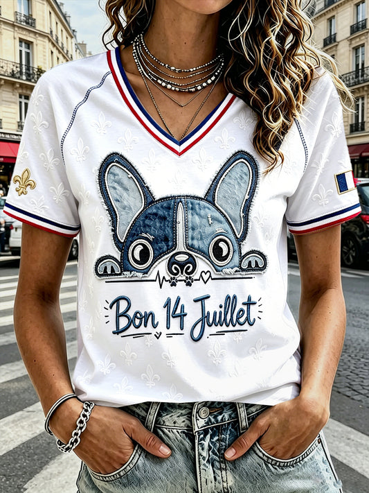 Journée nationale française des femmes heureux bouledogue français Patchwork Imprimer T-shirt décontracté à col en V