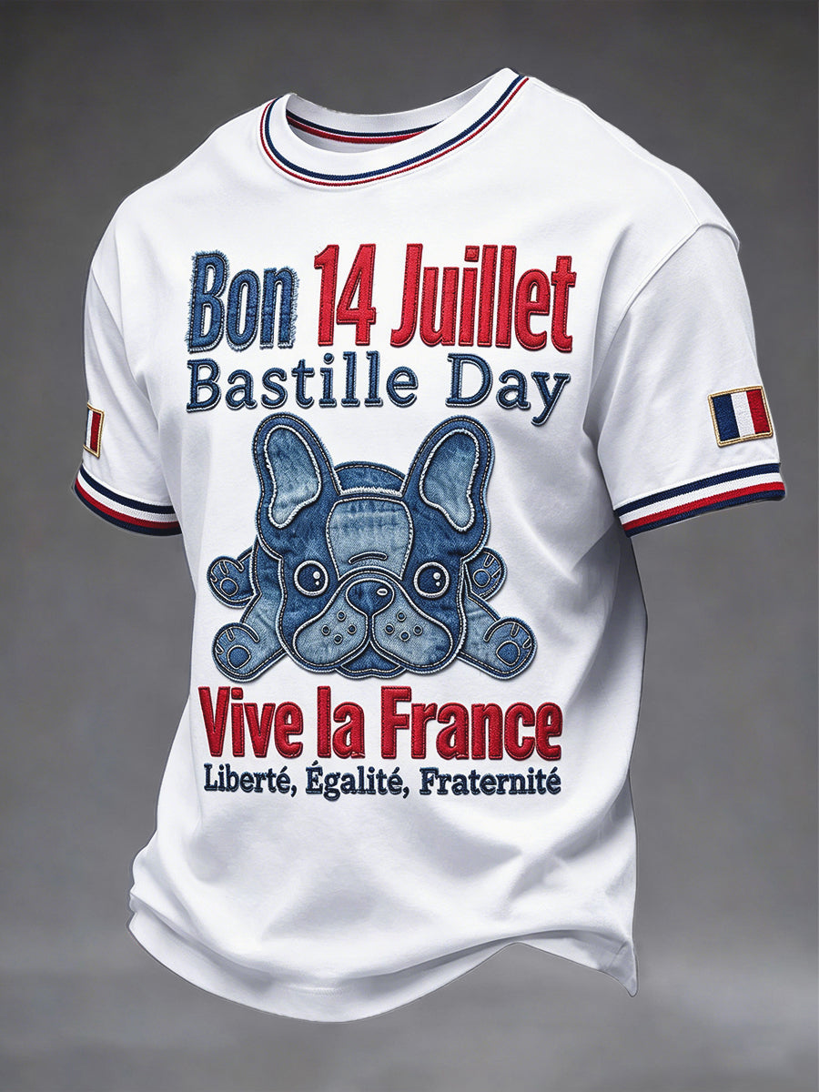 Fête nationale française pour hommes 14 juillet T-shirt décontracté imprimé bouledogue français